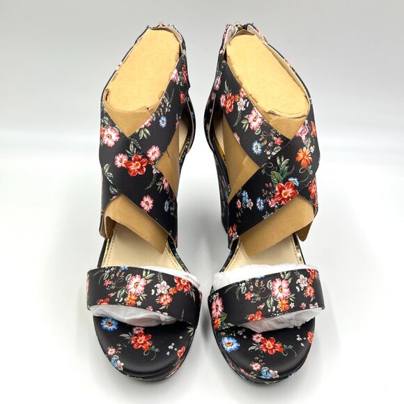 Jessica Simpson Womens Size 8.5 Jinxxi Black Floral Flower Wedges Sandals Shoes - Picture 2 of 14